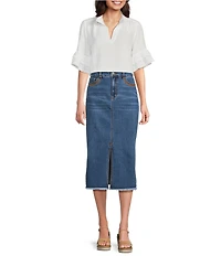 John Mark Petite Size Embroidered Front Slit Midi Denim Skirt