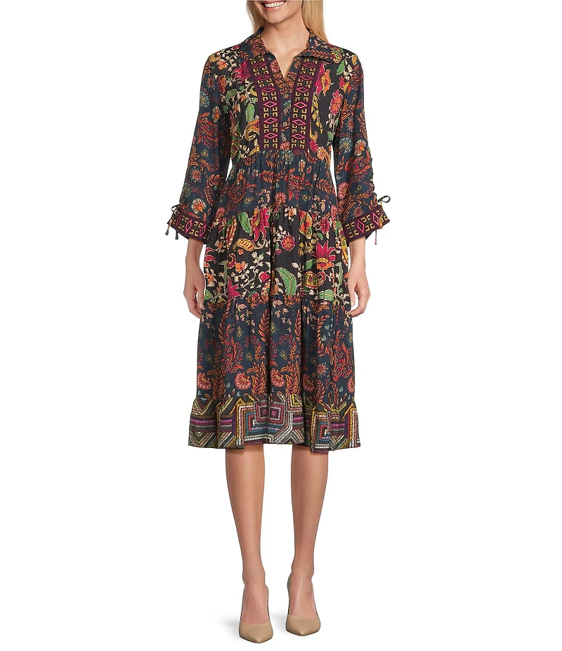 John Mark Petite Size Embroidered Mixed Print Collared Y-Neck 3/4 Cinched Tie Sleeve Tiered A-Line Midi Dress
