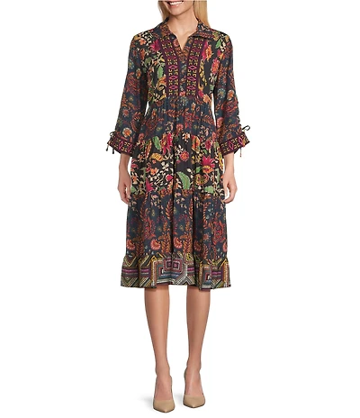 John Mark Petite Size Embroidered Mixed Print Collared Y-Neck 3/4 Cinched Tie Sleeve Tiered A-Line Midi Dress