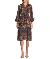 John Mark Petite Size Embroidered Mixed Print Collared Y-Neck 3/4 Cinched Tie Sleeve Tiered A-Line Midi Dress