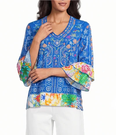 John Mark Petite Size Embroidered Multi Floral V-Neck 3/4 Ruffle Tiered Sleeve Tunic