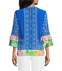 John Mark Petite Size Embroidered Multi Floral V-Neck 3/4 Ruffle Tiered Sleeve Tunic