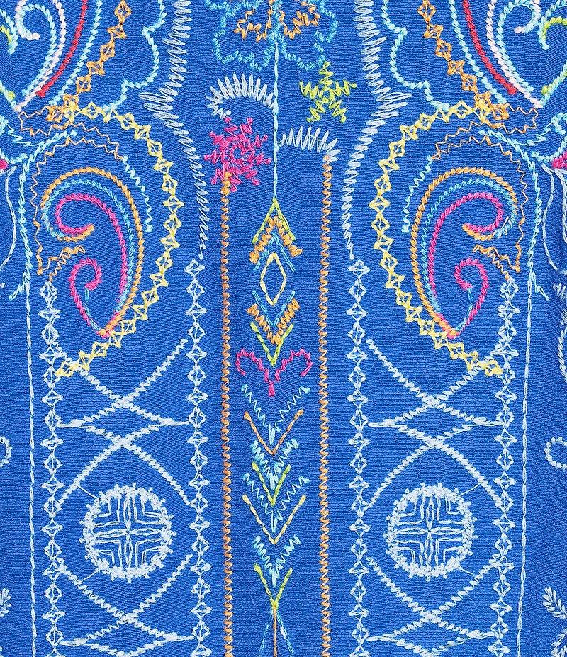 John Mark Petite Size Embroidered Multi Floral V-Neck 3/4 Ruffle Tiered Sleeve Tunic