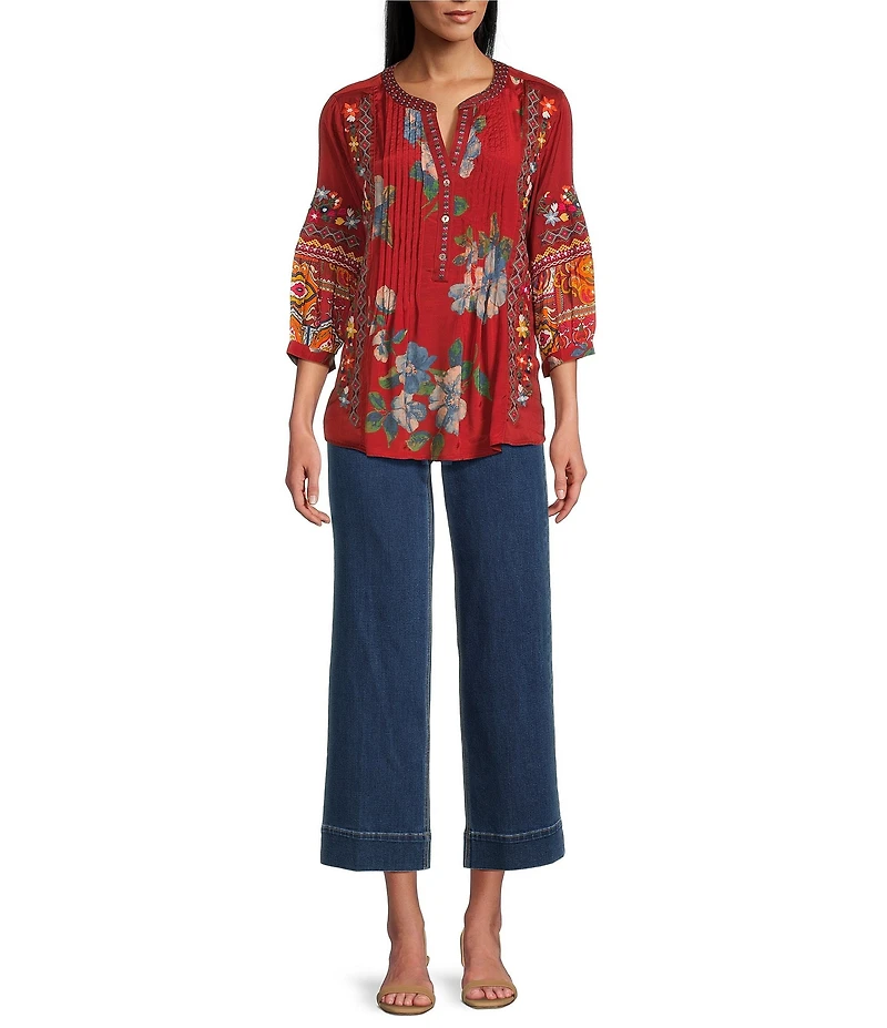 John Mark Petite Size Embroidered Multi Patch Split V-Neck 3/4 Sleeve Hi-Low Hem Tunic