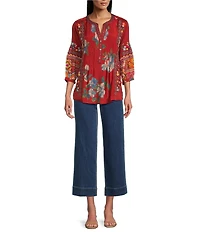 John Mark Petite Size Embroidered Multi Patch Split V-Neck 3/4 Sleeve Hi-Low Hem Tunic