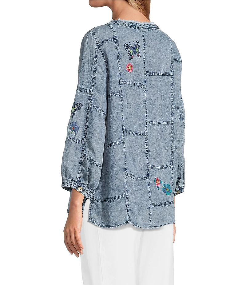 John Mark Petite Size Embroidered Patchwork Split V-Neck 3/4 Sleeve Button-Front Blouse