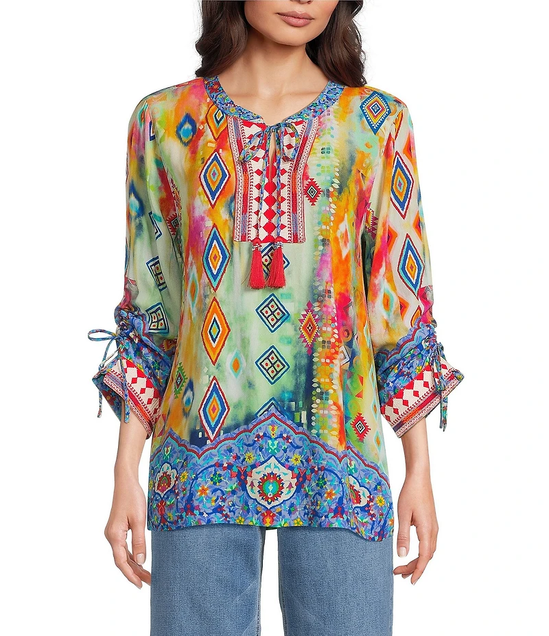 John Mark Petite Size Embroidered Printed Split V-Neck 3/4 Cinched Sleeve Tassel Tie Front Tunic