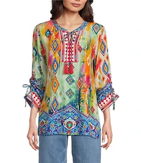 John Mark Petite Size Embroidered Printed Split V-Neck 3/4 Cinched Sleeve Tassel Tie Front Tunic