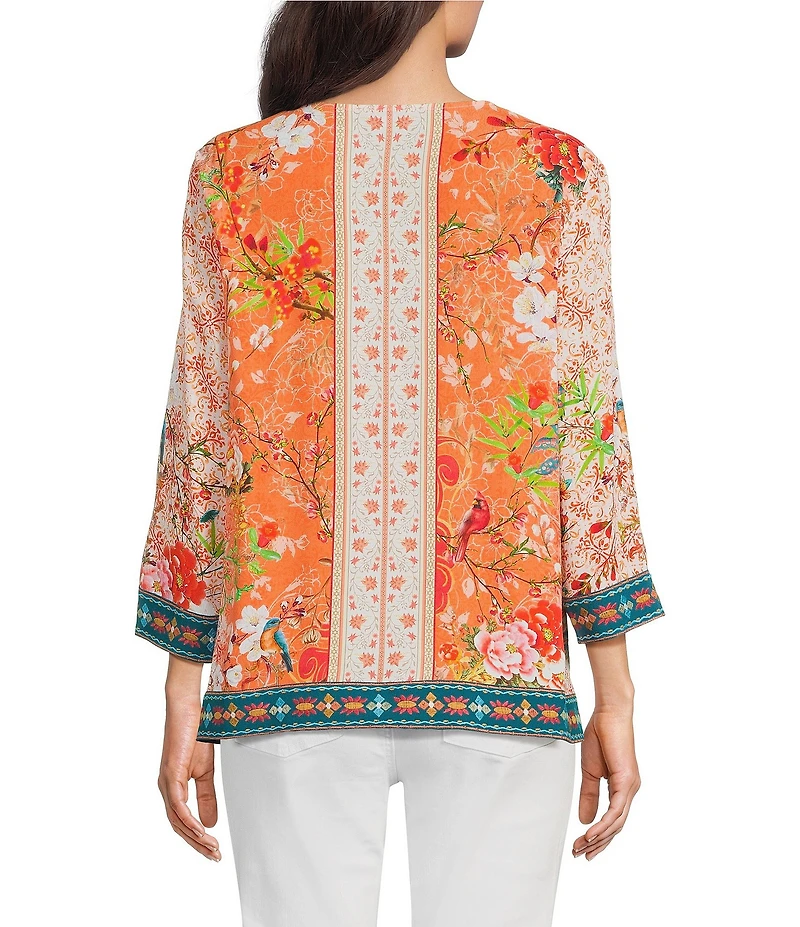 John Mark Petite Size Embroidered Printed V-Neck 3/4 Sleeve Top
