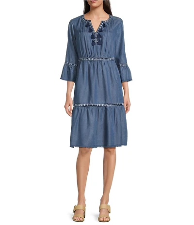 John Mark Petite Size Embroidered Split Tassel V-Neck 3/4 Flounce Sleeve Tiered Dress