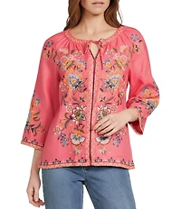 John Mark Petite Size Embroidered Split V-Neck 3/4 Sleeve Tie-Front Peasant Top