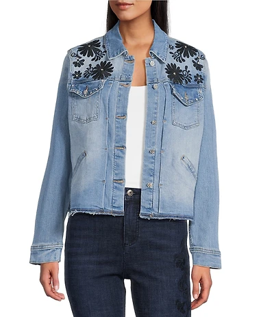 John Mark Petite Size Floral Embroidered Notch Collar Long Sleeve Button-Front Jacket