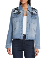 John Mark Petite Size Floral Embroidered Notch Collar Long Sleeve Button-Front Jacket