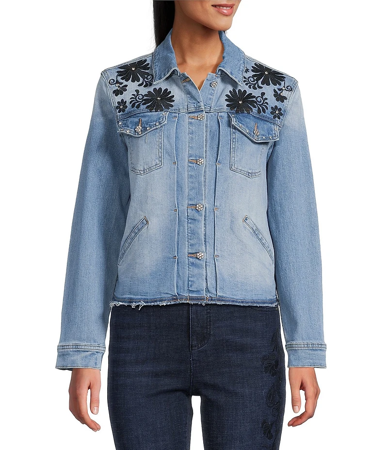 John Mark Petite Size Floral Embroidered Notch Collar Long Sleeve Button-Front Jacket