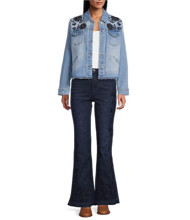 John Mark Petite Size Floral Embroidered Notch Collar Long Sleeve Button-Front Jacket