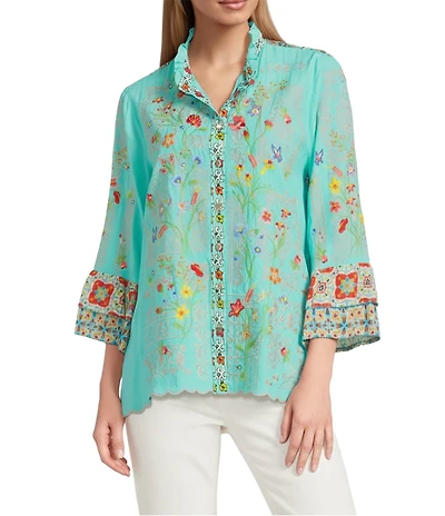 John Mark Petite Size Floral Embroidered Round Neck 3/4 Ruffle Tiered Sleeve Button Front Blouse