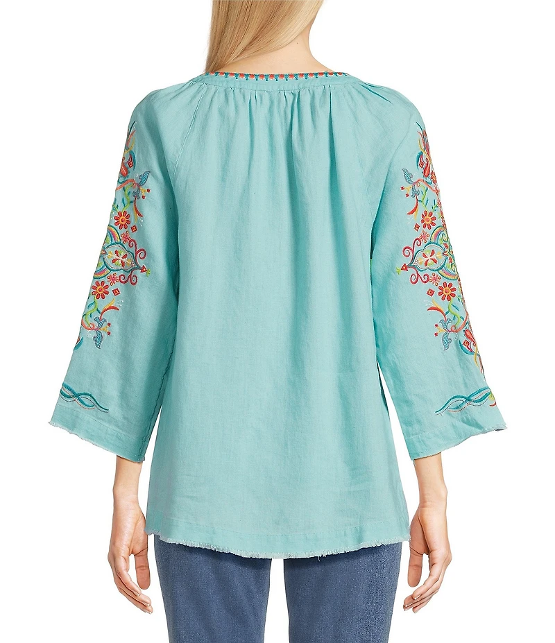 John Mark Petite Size Floral Embroidered Split V-Neck 3/4 Sleeve Frayed Tassel Tie Tunic