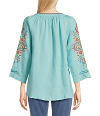 John Mark Petite Size Floral Embroidered Split V-Neck 3/4 Sleeve Frayed Tassel Tie Tunic