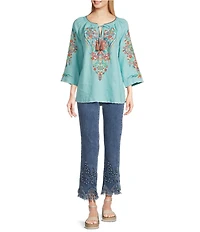 John Mark Petite Size Floral Embroidered Split V-Neck 3/4 Sleeve Frayed Tassel Tie Tunic