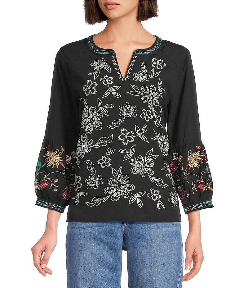 John Mark Petite Size Floral Embroidered Split V-Neck 3/4 Tiered Sleeve Peasant Top