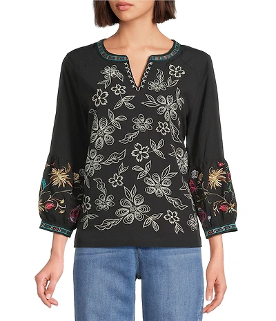 John Mark Petite Size Floral Embroidered Split V-Neck 3/4 Tiered Sleeve Peasant Top