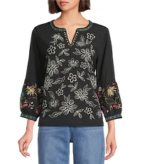 John Mark Petite Size Floral Embroidered Split V-Neck 3/4 Tiered Sleeve Peasant Top