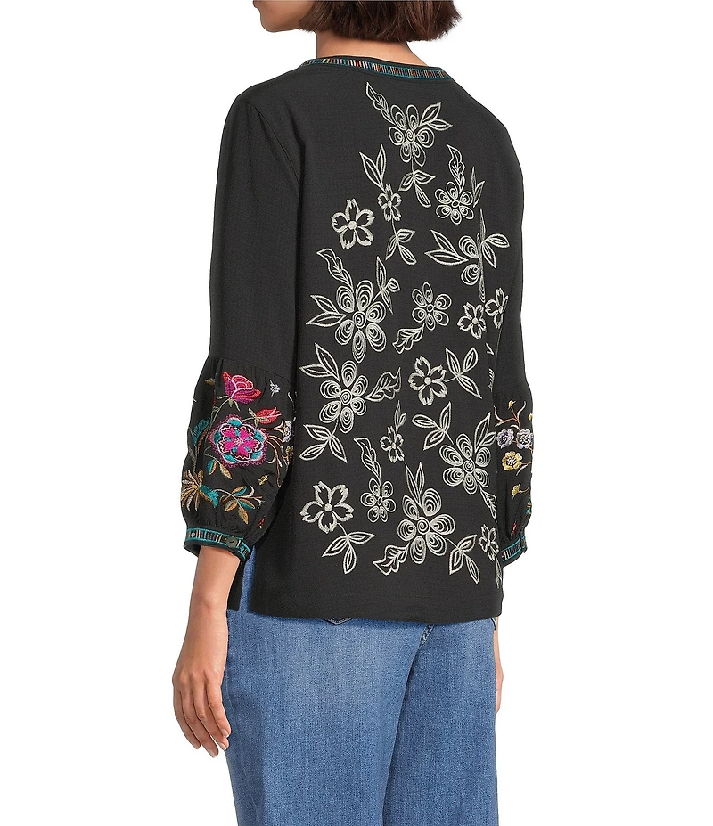 John Mark Petite Size Floral Embroidered Split V-Neck 3/4 Tiered Sleeve Peasant Top