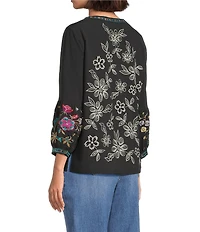 John Mark Petite Size Floral Embroidered Split V-Neck 3/4 Tiered Sleeve Peasant Top