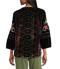 John Mark Petite Size Floral Embroidered Velvet Back Print Band Round Collar 3/4 Sleeve Tunic