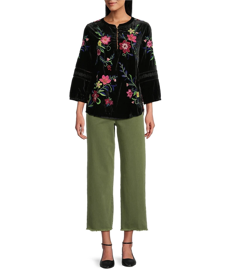 John Mark Petite Size Floral Embroidered Velvet Back Print Band Round Collar 3/4 Sleeve Tunic