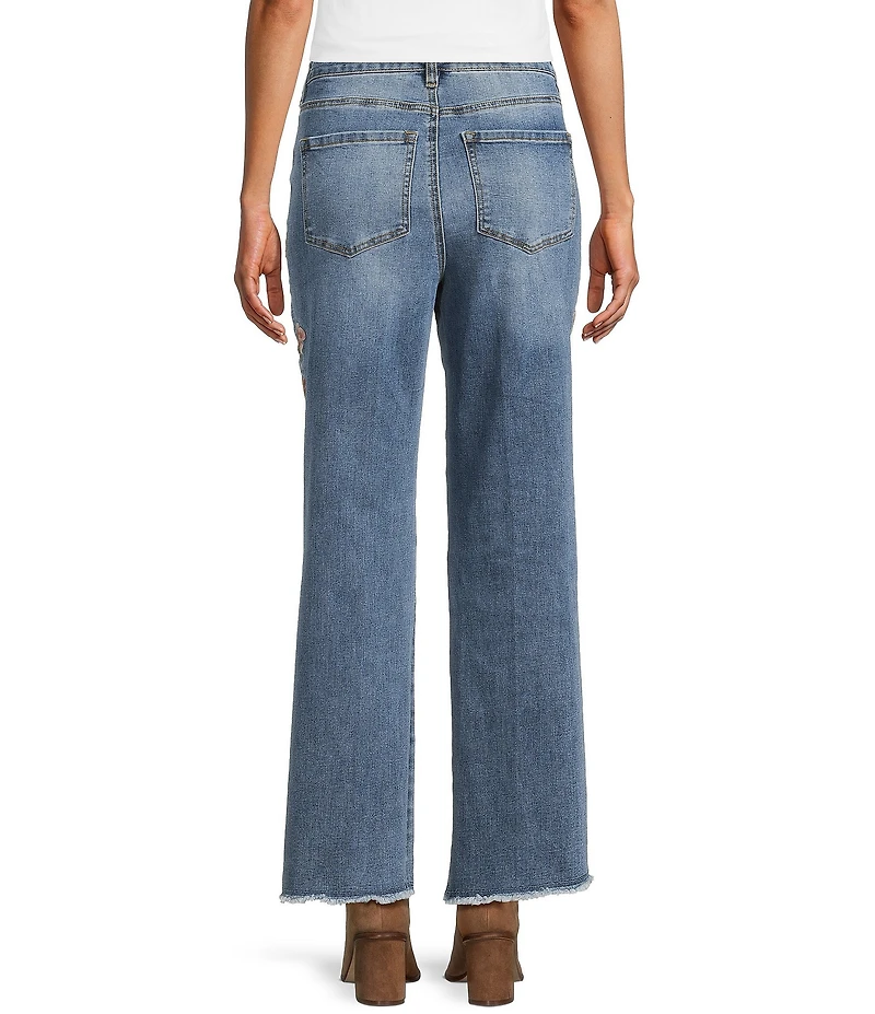 John Mark Petite Size Floral Embroidered Wide Leg Released Frayed Hem Jeans