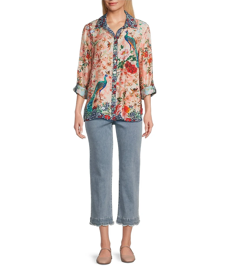 John Mark Petite Size Floral Multi Woven Point Collar Long Roll-Tab Sleeve Button Front Shirt