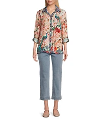 John Mark Petite Size Floral Multi Woven Point Collar Long Roll-Tab Sleeve Button Front Shirt