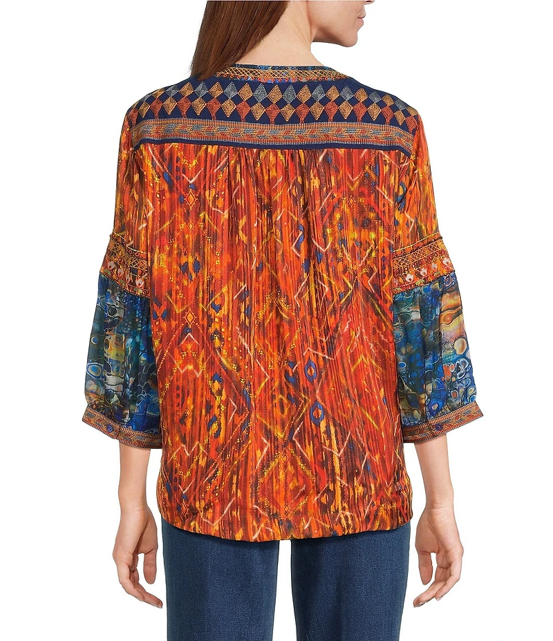 John Mark Petite Size Geometric Boho Spice Marble Print Embroidered Tassel Tie Split Neck 3/4 Sleeve Peasant Top
