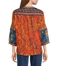 John Mark Petite Size Geometric Boho Spice Marble Print Embroidered Tassel Tie Split Neck 3/4 Sleeve Peasant Top