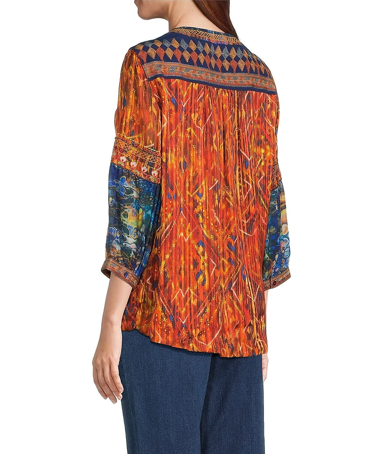 John Mark Petite Size Geometric Boho Spice Marble Print Embroidered Tassel Tie Split Neck 3/4 Sleeve Peasant Top