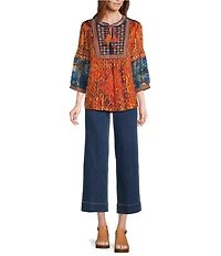 John Mark Petite Size Geometric Boho Spice Marble Print Embroidered Tassel Tie Split Neck 3/4 Sleeve Peasant Top