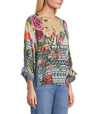 John Mark Petite Size Geometric Floral Border Print Scoop Neck 3/4 Cinched Tie Sleeve Tunic