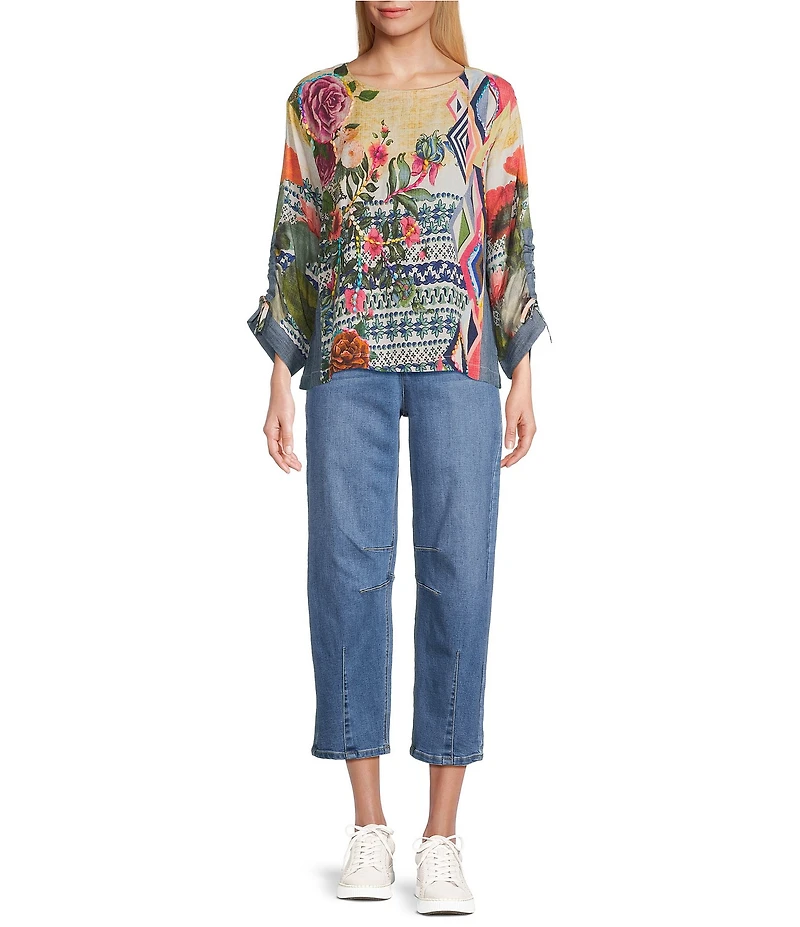 John Mark Petite Size Geometric Floral Border Print Scoop Neck 3/4 Cinched Tie Sleeve Tunic