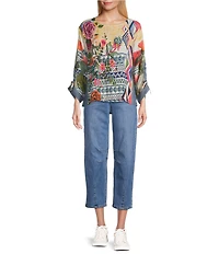 John Mark Petite Size Geometric Floral Border Print Scoop Neck 3/4 Cinched Tie Sleeve Tunic