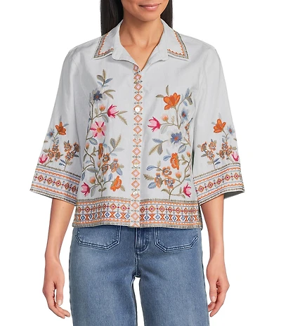 John Mark Petite Size Linen Blend Embroidered Floral Point Collar Short Sleeve Button Front Blouse
