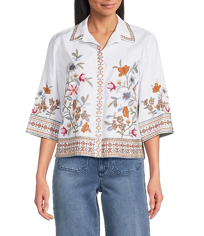 John Mark Petite Size Linen Blend Embroidered Floral Point Collar Short Sleeve Button Front Blouse