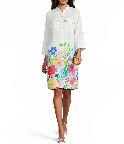John Mark Petite Size Linen Blend Woven Multi Floral Border Print Point Collar Long Roll-Tab Sleeve Midi Shirt Dress