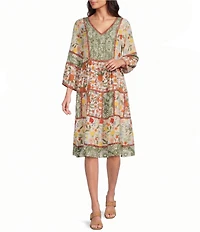 John Mark Petite Size Mixed Floral V-Neck 3/4 Sleeve Shift Dress
