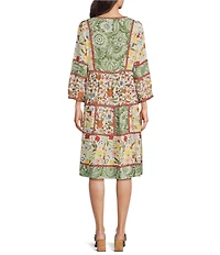 John Mark Petite Size Mixed Floral V-Neck 3/4 Sleeve Shift Dress