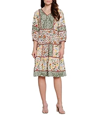 John Mark Petite Size Mixed Floral V-Neck 3/4 Sleeve Shift Dress