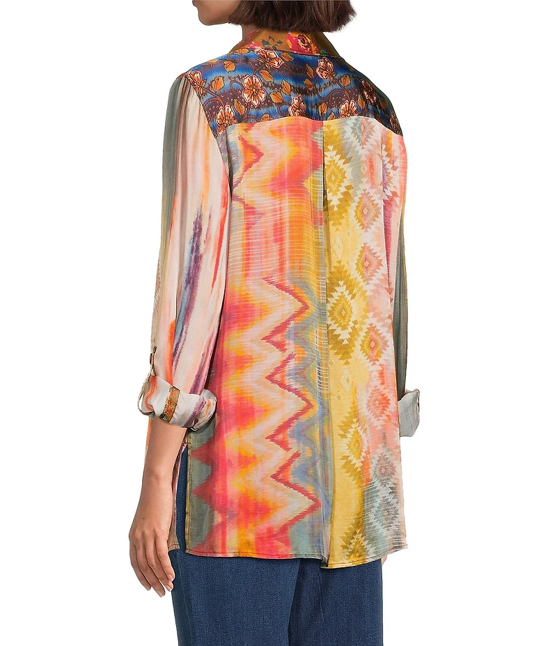 John Mark Petite Size Mixed Multi Print Point Collar Long Roll-Tab Sleeves Button Front Tunic