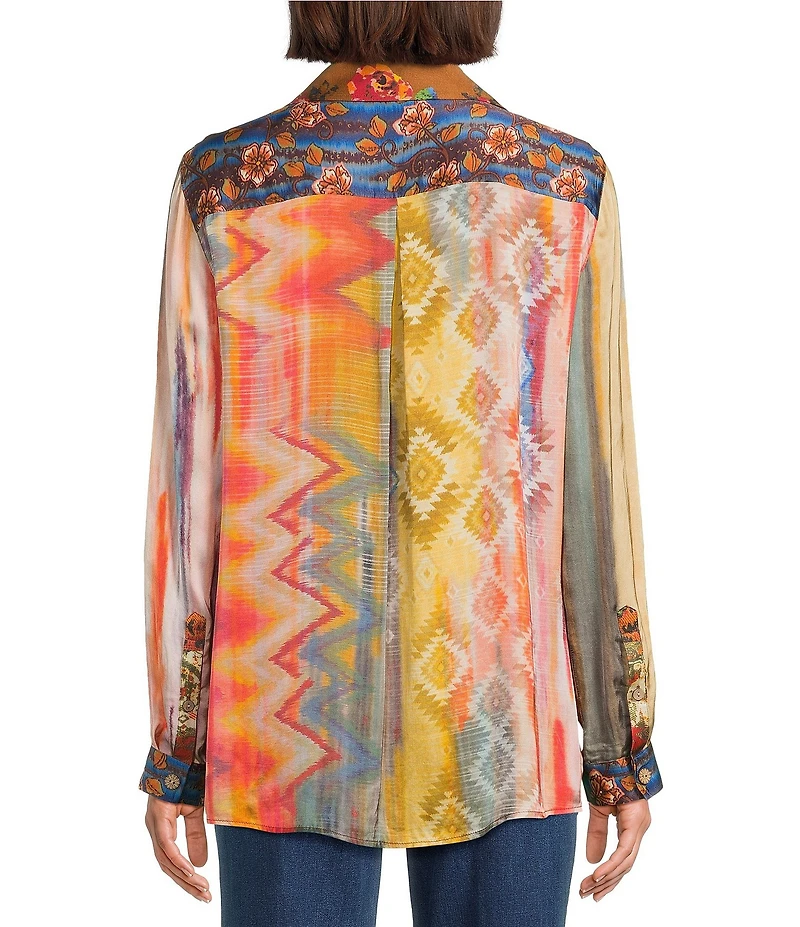 John Mark Petite Size Mixed Multi Print Point Collar Long Roll-Tab Sleeves Button Front Tunic
