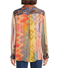 John Mark Petite Size Mixed Multi Print Point Collar Long Roll-Tab Sleeves Button Front Tunic