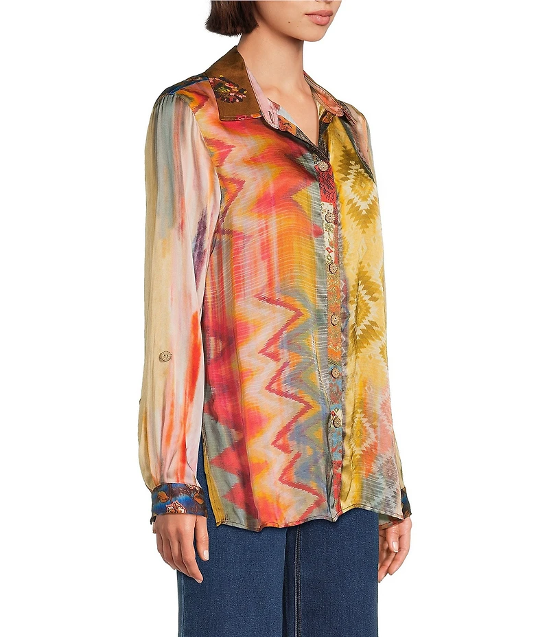 John Mark Petite Size Mixed Multi Print Point Collar Long Roll-Tab Sleeves Button Front Tunic